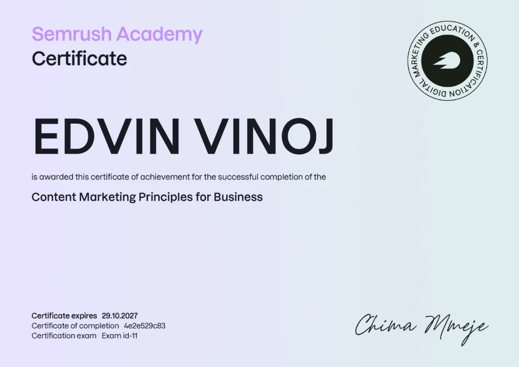 Digital Marketing Freelancer in UAE Semrush Certificate