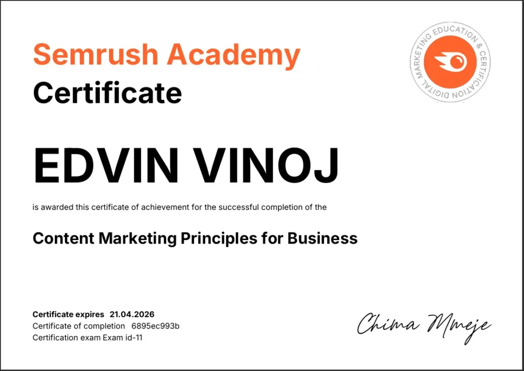Digital Marketing Freelancer in UAE Semrush Certificate